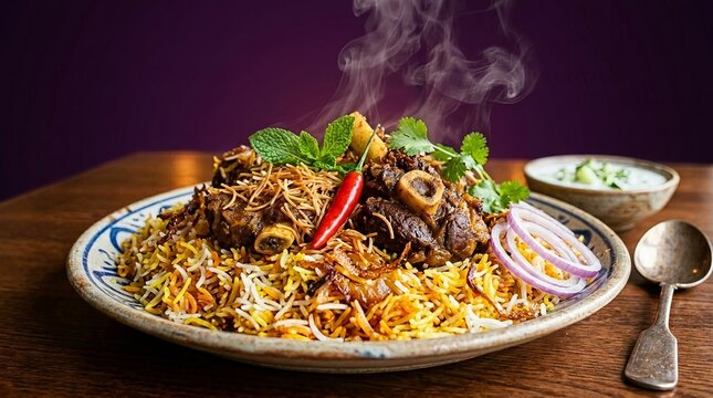 Traditional mutton biryani with fresh herbs and raita