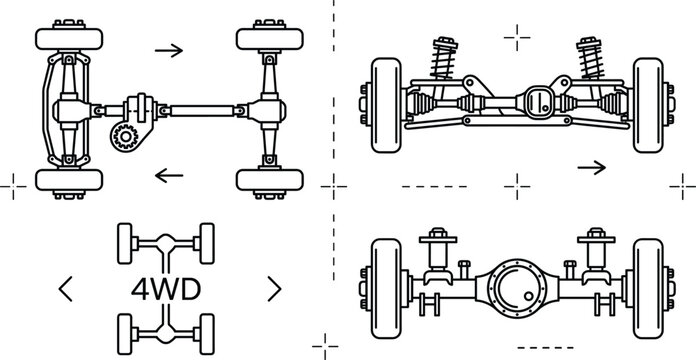 Car drivetrain chassis 4WD system icons set with axles suspension differential mechanism vector line illustration
