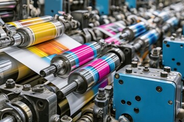 Fototapeta premium High-speed industrial offset printing press machine with CMYK ink rollers in a print shop.