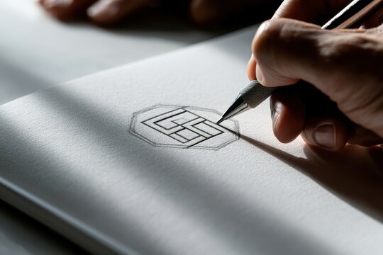 Designer sketching a geometric logo design on white paper isolated on white background