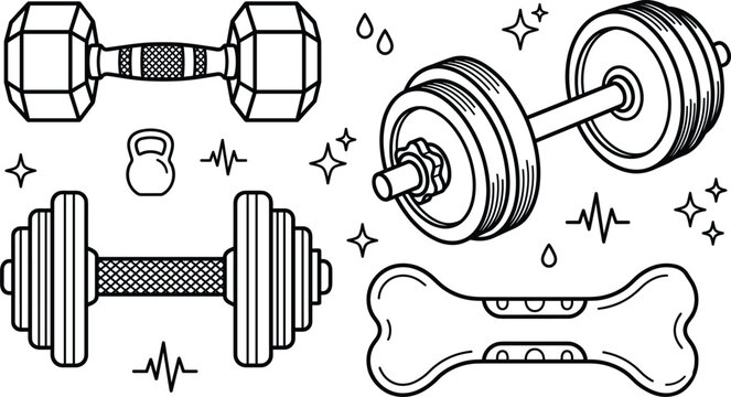 Dumbbell and barbell fitness icons set with weight plates kettlebell and bone shape grip vector illustration