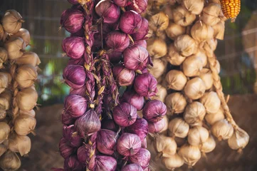 harvest of onions and garlic is dried on the farm in autumn © alexkoral