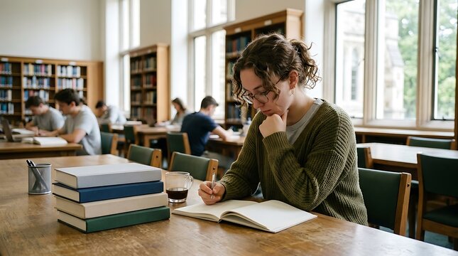 Focused female student studying with books and a notebook in a university library