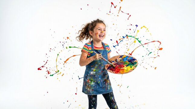 Happy child artist, colorful paint splatter, creative kid, artistic expression