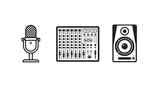 Audio Equipment Setup Icon with Studio Microphone Mixer and Speaker for Music Production Graphic
