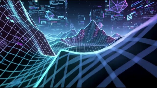 Neon colored futuristic mountain landscape graphics.
