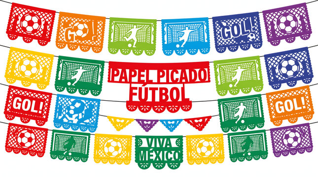 Mexican Papel Picado Soccer Banner Set, Colorful Fiesta Bunting Garlands with Football, Gol, and Viva Mexico Cutout Designs, Vector Illustration Isolated on White