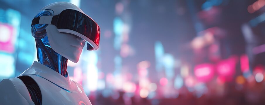 A timeless humanoid robot wears a virtual reality headset against a blurred, neon-lit metropolis background.