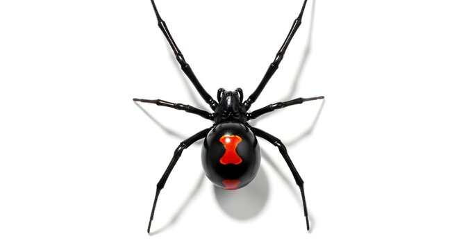 Black widow spider with red hourglass mark isolated on white background