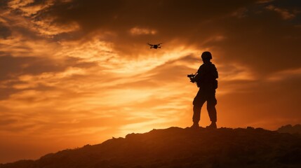 Obraz premium Silhouette of soldier operating drone at orange sunset for tactical surveillance and defense technology