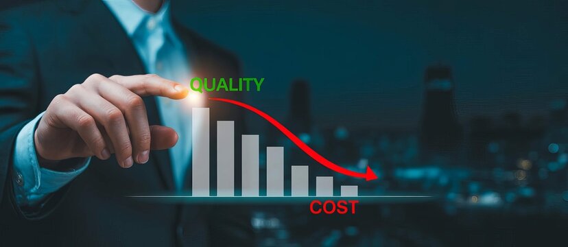 Man touching digital graph showing declining quality and cost