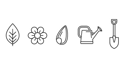 Gardening icons: leaf, flower, seed, watering can, shovel © Jaka
