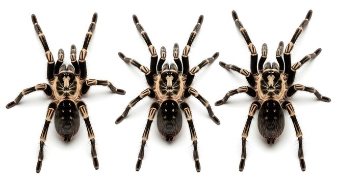 Three tarantulas isolated on white background