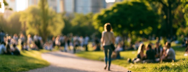 Obraz premium Woman walking in sunny park with many people enjoying outdoors, blurred background 