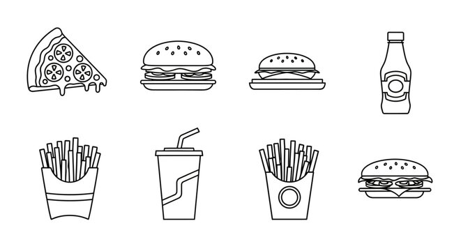 Fast Food Outline Icons Set - Pizza, Burgers, Fries, and Drinks