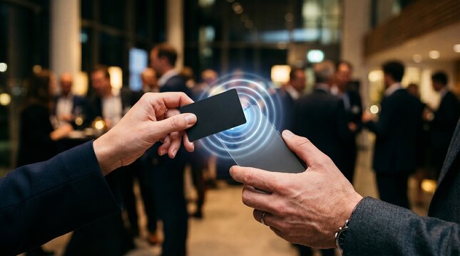 Professional tapping smart NFC business card on smartphone