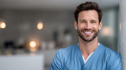 Fototapeta premium Smiling Healthcare Professional: A confident and friendly male healthcare worker, wearing blue scrubs, smiles warmly at the camera, embodying care and professionalism in a medical setting.