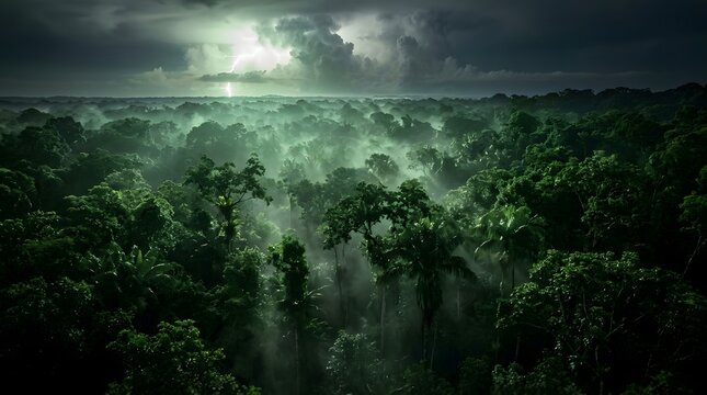 Bioluminescent Echo - Translucent green glow from lightning illuminating a vast rainforest canopy at night (Amazon, Jungle, Storm, Mystery)
