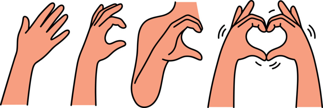Human Hand Gestures Progression Set Showing Open Palm, Making Half Heart Shape, and Forming Full Heart Sign for Love and Romantic Communication Concepts,