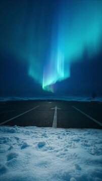 Aurora night sky winter road arrow snow cinematic nature landscape background scene with glowing northern light over empty highway horizon and arctic atmosphere magic creating dramatic nature