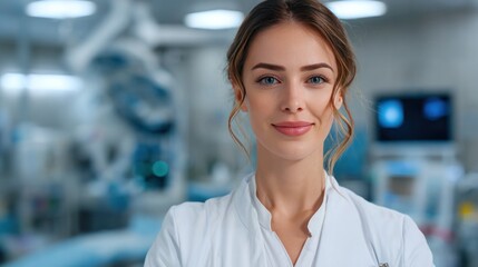 Fototapeta premium Medical Professional in Hospital: A confident and focused female doctor, wearing a white lab coat, stands in a brightly lit hospital setting, exuding professionalism and care.