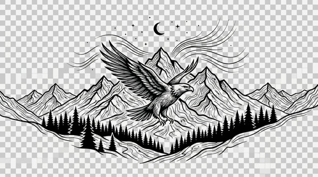 A majestic eagle soars over a serene mountain range with trees and a crescent moon.