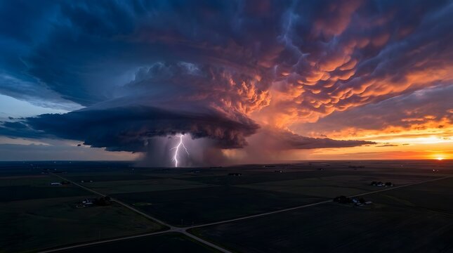 Heaven's Vortex - Rotating supercell thunderstorm with wall cloud and mammatus formations at sunset over plains (Supercell, Storm, Sunset, Weather)