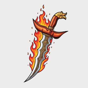 Cartoon vector illustration of a flaming kris
