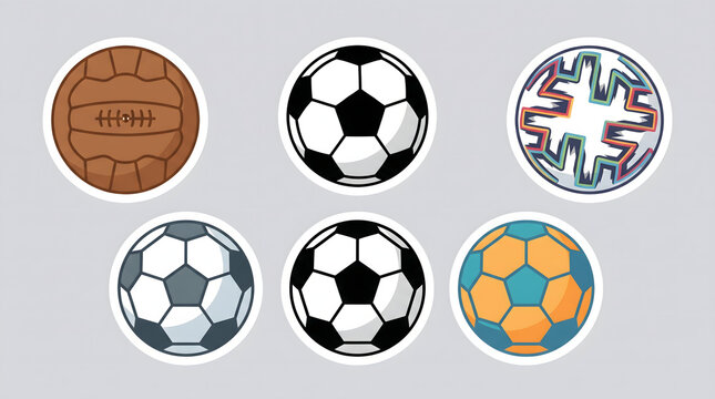 Evolution of soccer balls collection vector illustration, historic and modern football match balls set isolated on white background