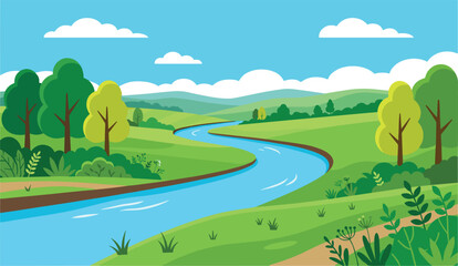 Obraz premium Beautiful Summer Landscape Vector Illustration with Winding Blue River, Green Meadows, Lush Green Trees, Rolling Hills, and Sky Clouds Nature Background