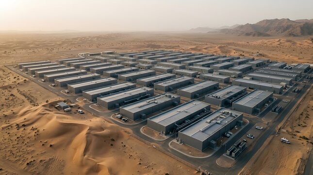 Silent Monoliths - Aerial view of an unlabelled grey data center facility surrounded by encroaching sand dunes (Network, Server, Dystopia, Grid)