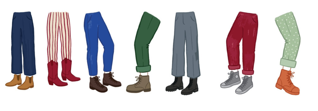 Colorful vintage linocut legs in pants and boots clipart set vector illustration, hand drawn retro block print style fashion elements isolated on white background.