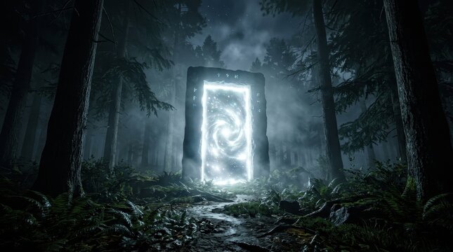 Mystical glowing portal in a dark foggy forest