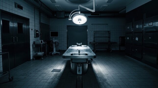 Dark and moody autopsy room interior with stainless steel morgue table
