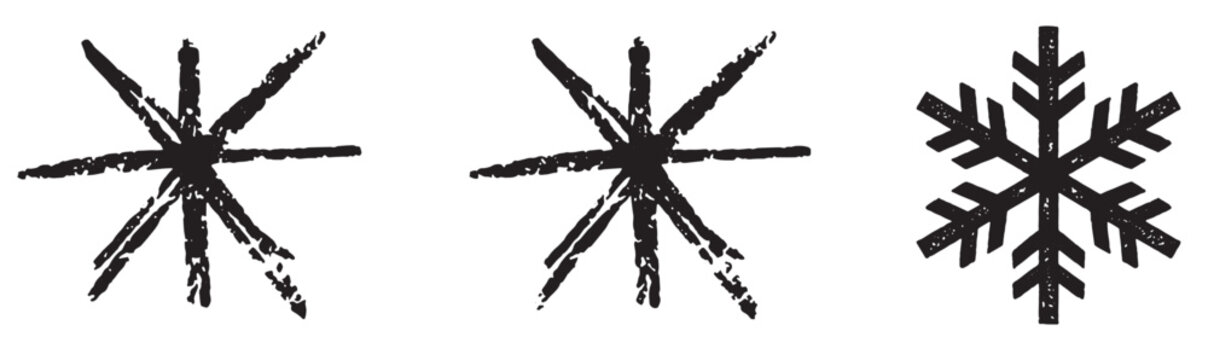 Hand drawn snowflake and retro starburst vector elements pack, black ink textured winter crystal and asterisk icon isolated on white background.