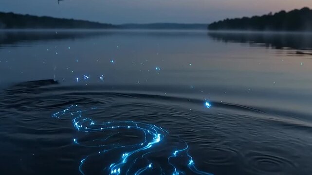 On the vast lake, bioluminescent plankton swayed with the waves, and oars left large, flowing, fluorescent blue streaks as they cut across the surface, the ripples slowly spreading and dissipating.