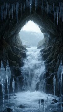 Cinematic frozen waterfall nature landscape background inside icy cave with jagged rock cliff serene winter water flow cold misty atmosphere dramatic travel adventure scene icy river frozen rock