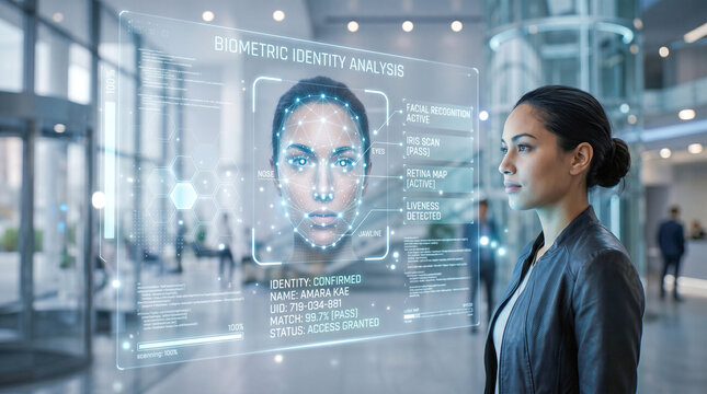 futuristic biometric identity analysis system scanning female face performing advanced facial recognition security check modern corporate office smart privacy protection technology