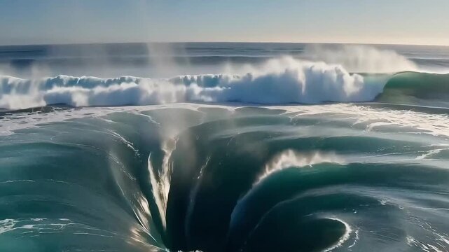 In the deep sea, giant underwater currents churn the surface, creating a ring-shaped eddy. Fine water droplets rise upwards, and sunlight penetrates the mist, forming multiple ring-shaped halos. 