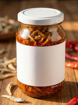 Mockup of a glass jar with a blank white label featuring spicy dried anchovy sambal, surrounded by crispy ikan teri and fresh red chilies on a warm rustic wooden table setting.