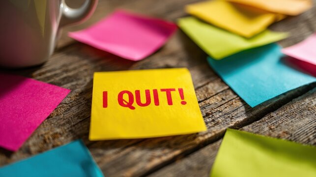 I Quit message handwritten on a yellow sticky note on a wooden desk with coffee cup