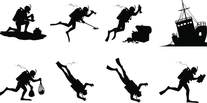 Scuba Diving Adventure Silhouette Collection with Underwater Exploration and Treasure Hunting