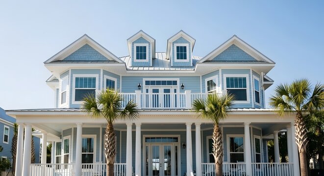 Large blue and white beach house with palm trees on the porch