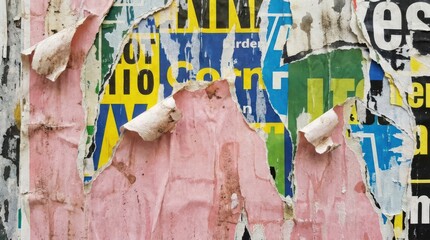 Fototapeta premium Close-up of a wall covered with layers of torn, weathered, and colorful advertising posters.