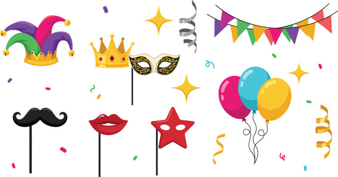 Mardi Gras Carnival and Party Photobooth Props Vector Set with Jester Hat Crown Masquerade Mask Balloons Bunting and Confetti for Celebration Graphic Designs