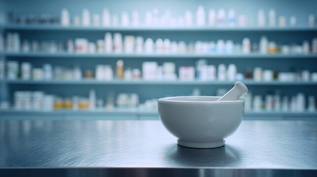 White ceramic mortar and pestle on a stainless steel counter in a pharmacy with blurred medicine bottles on shelves in the background