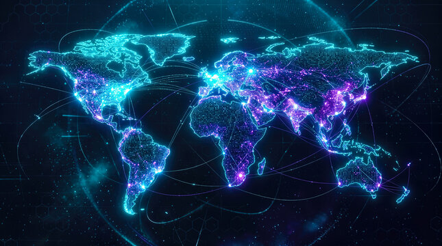 Bright glowing blue holographic world map globe displaying complex international internet connection networks floating dynamically above dark futuristic digital cyberspace abstract background