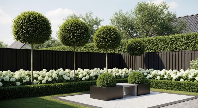Landscaped garden with topiaries and manicured hedges under a bright sky