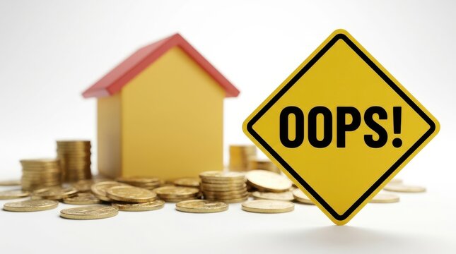 Oops sign with house and money symbolizing financial mistakes in real estate or property investments.