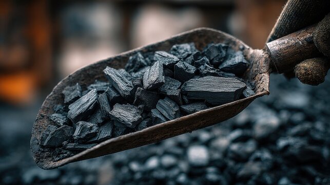 Close up of a metal shovel filled with pieces of high quality black coal or charcoal for energy and fuel